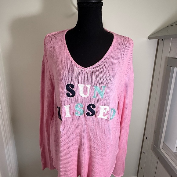 Simply Southern Pink V-Neck Sweater with Playful Text - Picture 1 of 5